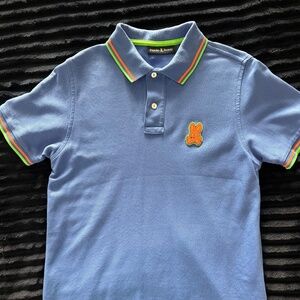Psycho Bunny Polo Shirt Men's Medium Blue With Orange And Bright Green Accents
